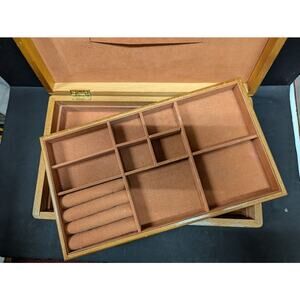 Oak wood 12" jewelry double compartment tray box trinket stash hinged lid